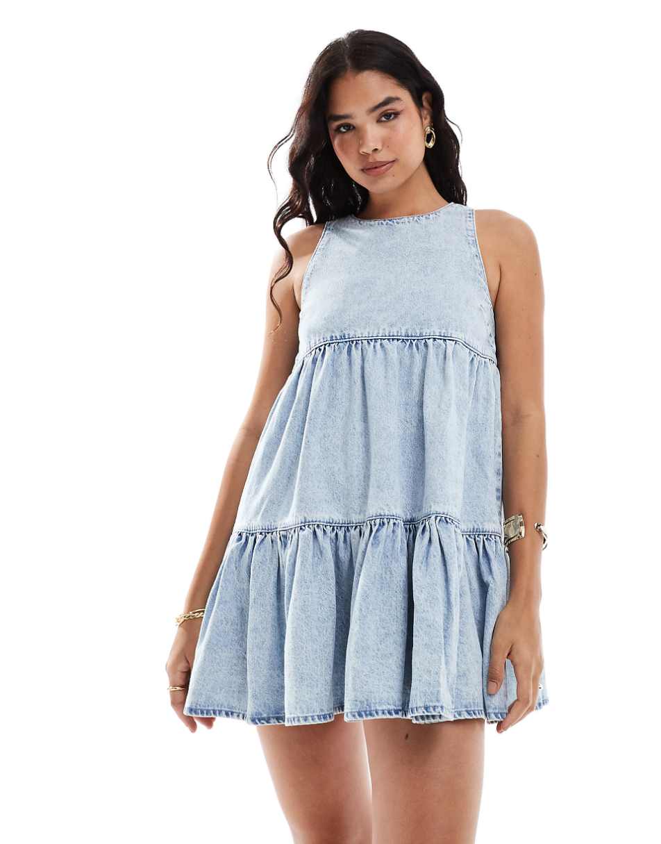 ASOS DESIGN soft denim smock tiered mini dress in light wash