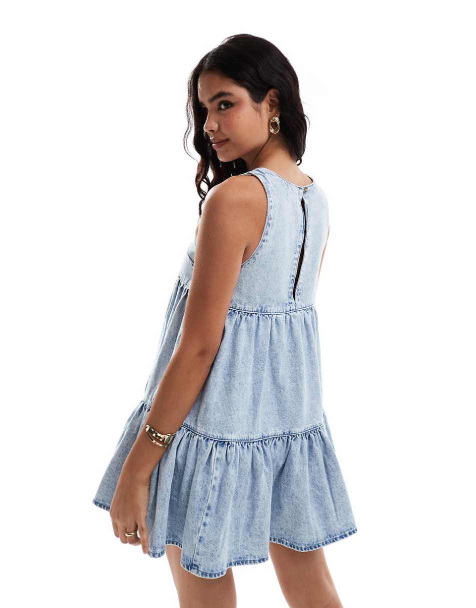 ASOS DESIGN soft denim smock tiered mini dress in light wash