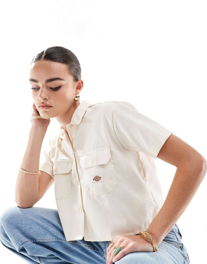 Dickies short sleeve cropped shirt with pocket detail in white