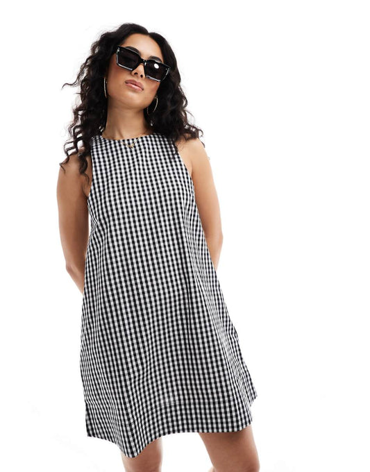 ASOS DESIGN high neck swing mini linen sundress in mono gingham