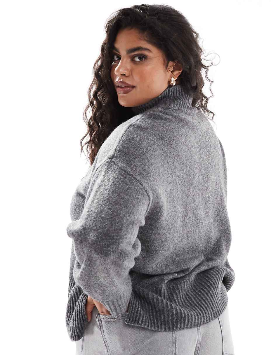 ASOS DESIGN Curve knitted high neck sweater with turn back cuffs in charcoal