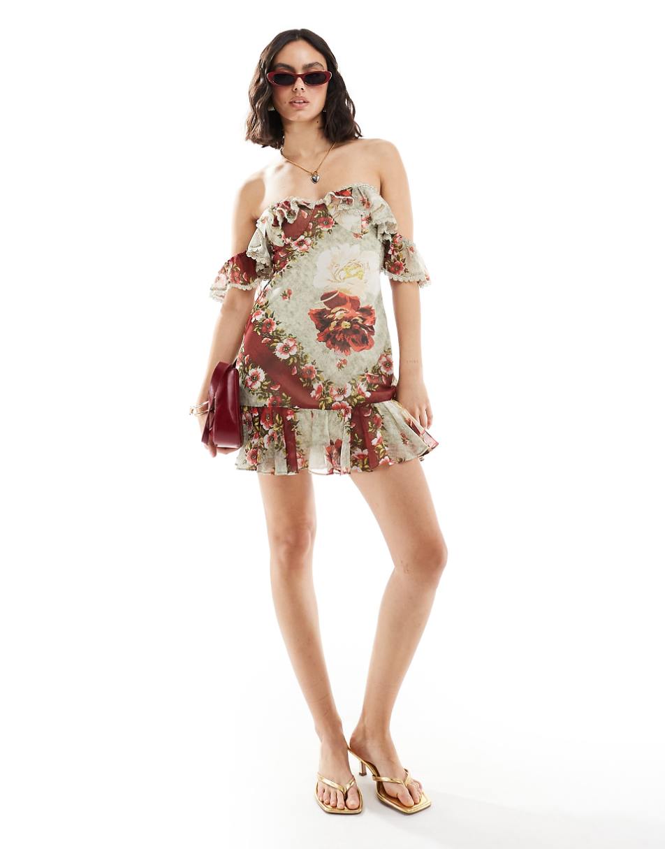 ASOS DESIGN bardot bias mini dress with ruffle and lace trim in floral print