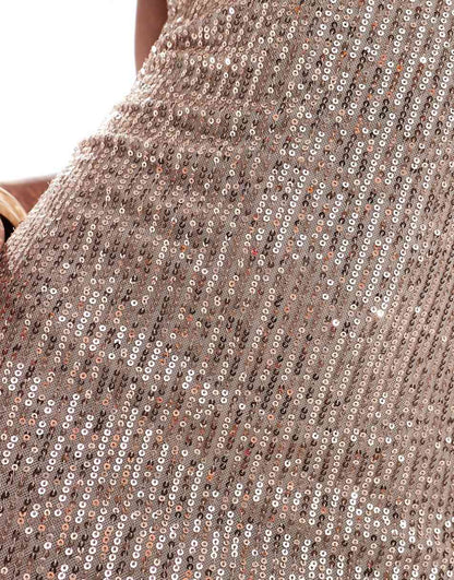 ASOS DESIGN sequin 90s neckline minimal midi dress in mocha
