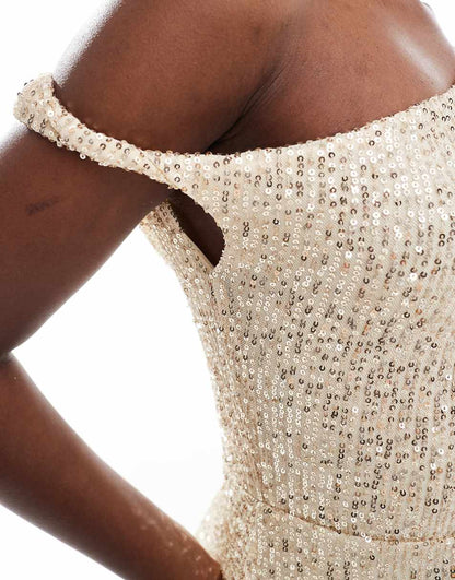 ASOS DESIGN twist off shoulder sequin midi dress in pale gold