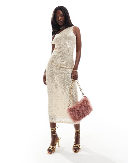 ASOS DESIGN twist off shoulder sequin midi dress in pale gold