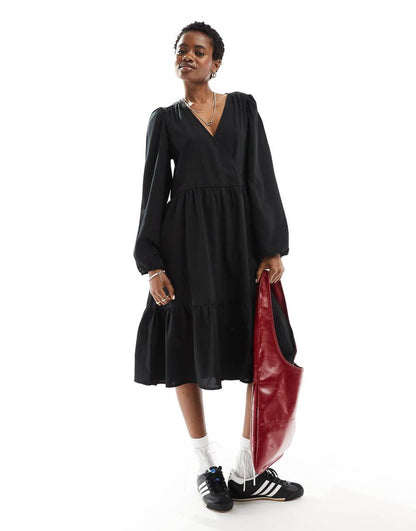 Monki long sleeve wrap midi dress in black