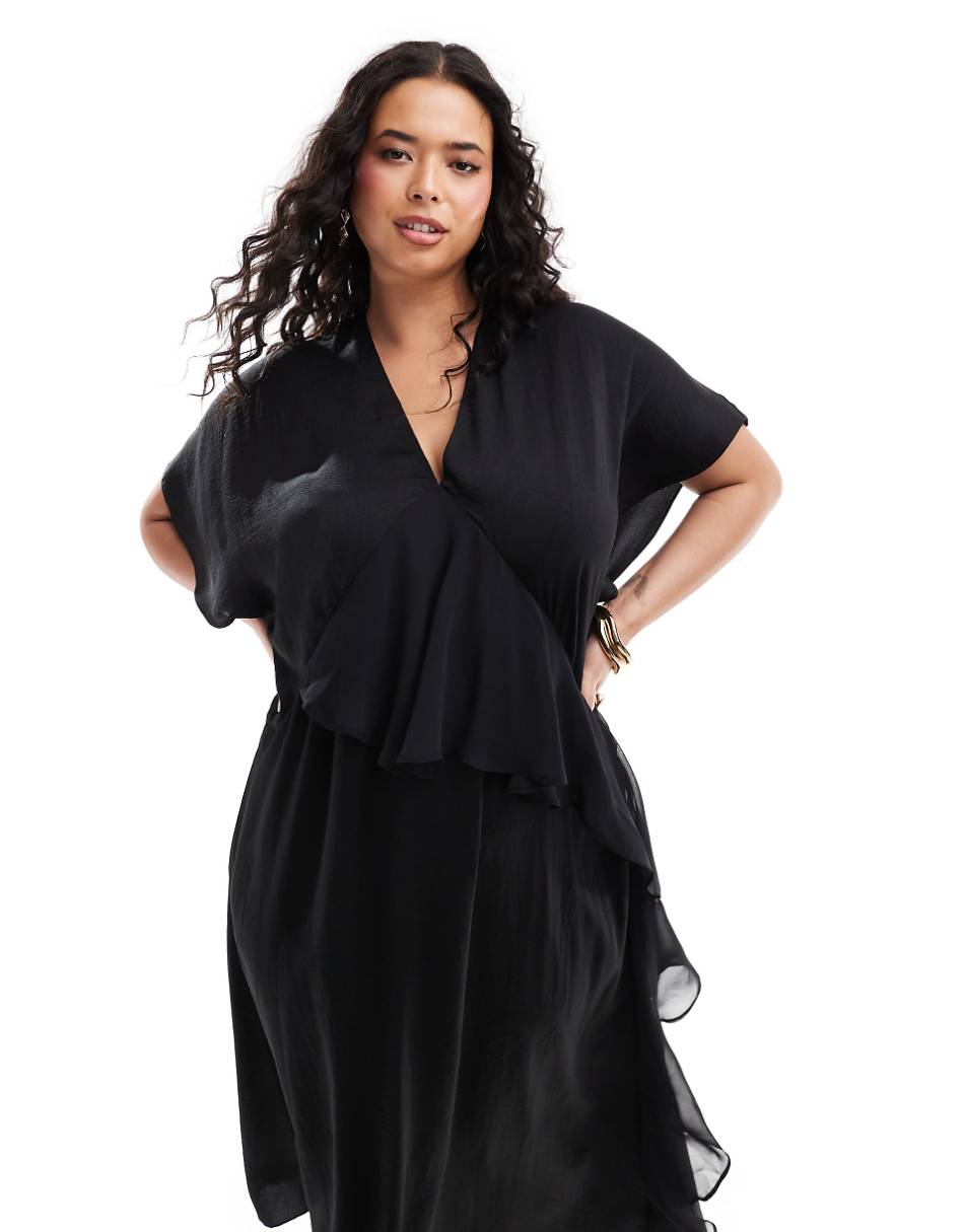 ASOS DESIGN Curve satin asym frill detail midi dress in black