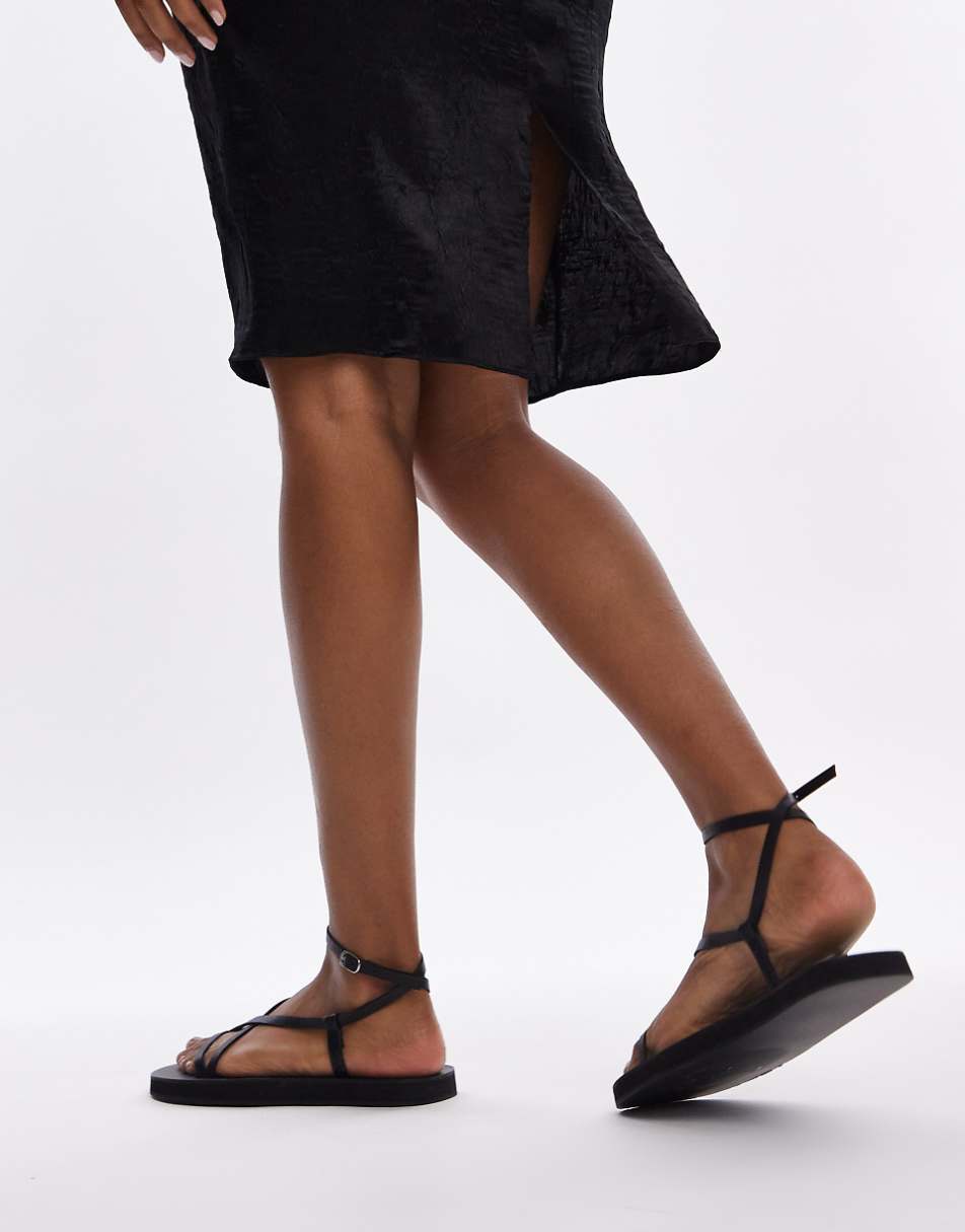 Topshop Jules leather minimal strappy flat sandals in black