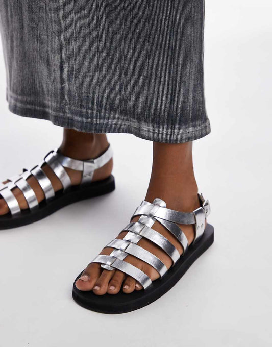 Topshop Julian leather fisherman sandals in silver