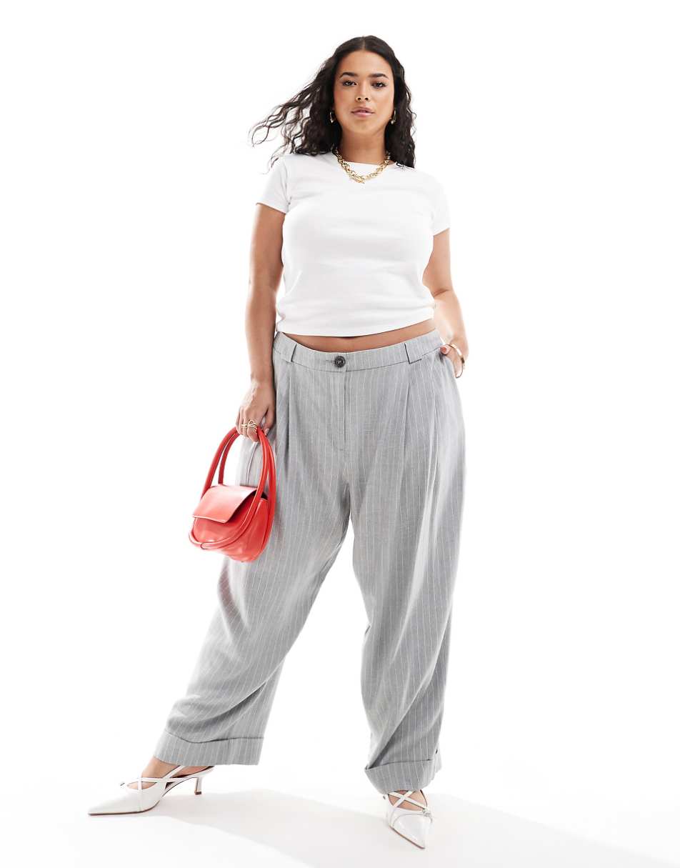 ASOS DESIGN Curve tapered tailored pants with turn up hem in stripe