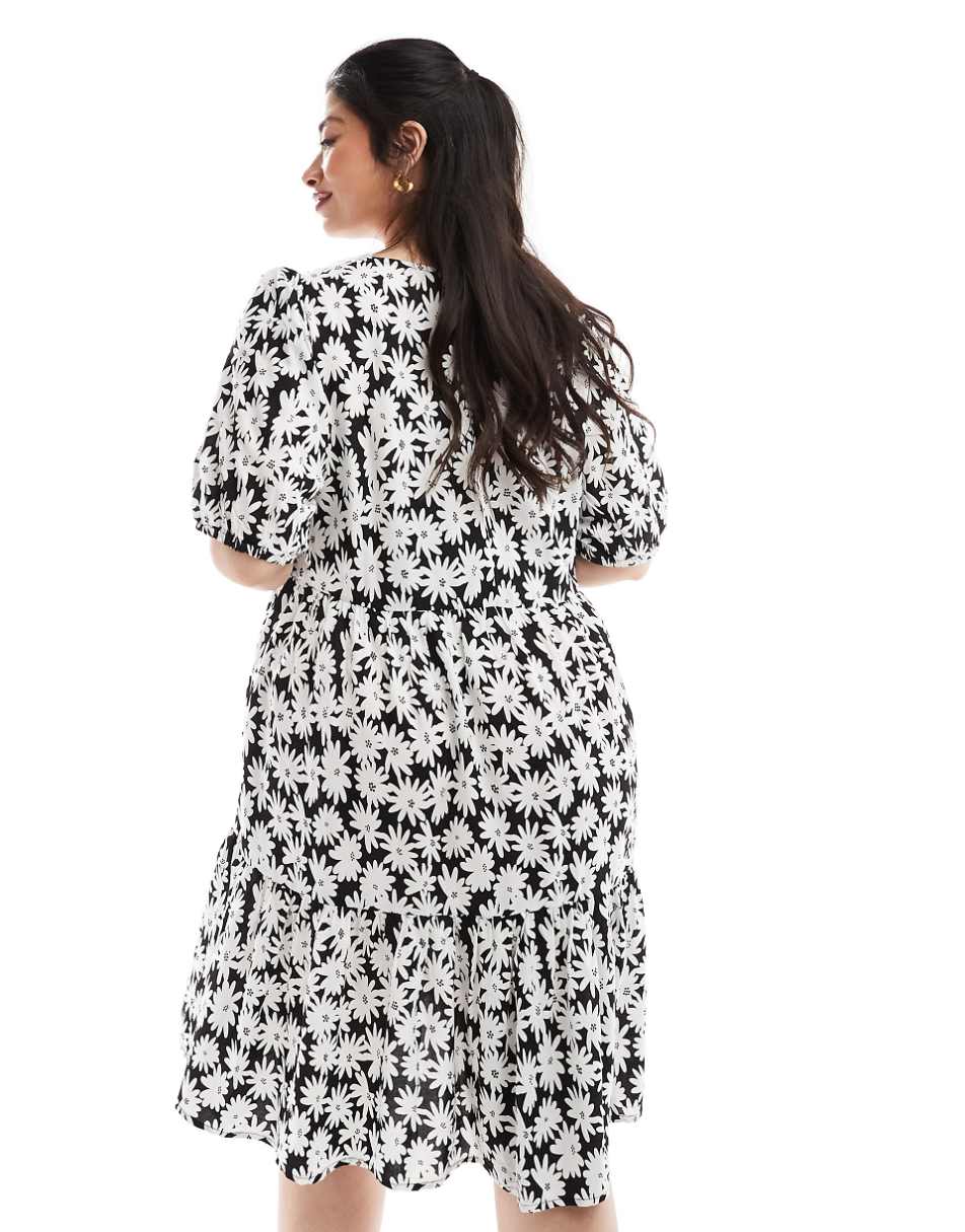 Yours tiered midi dress in black and white floral