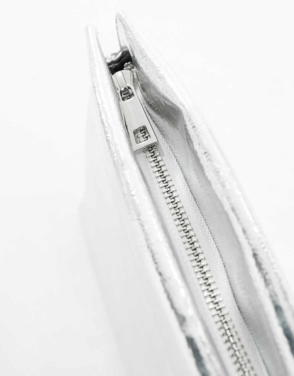 ASOS DESIGN zip top clutch bag in metallic silver