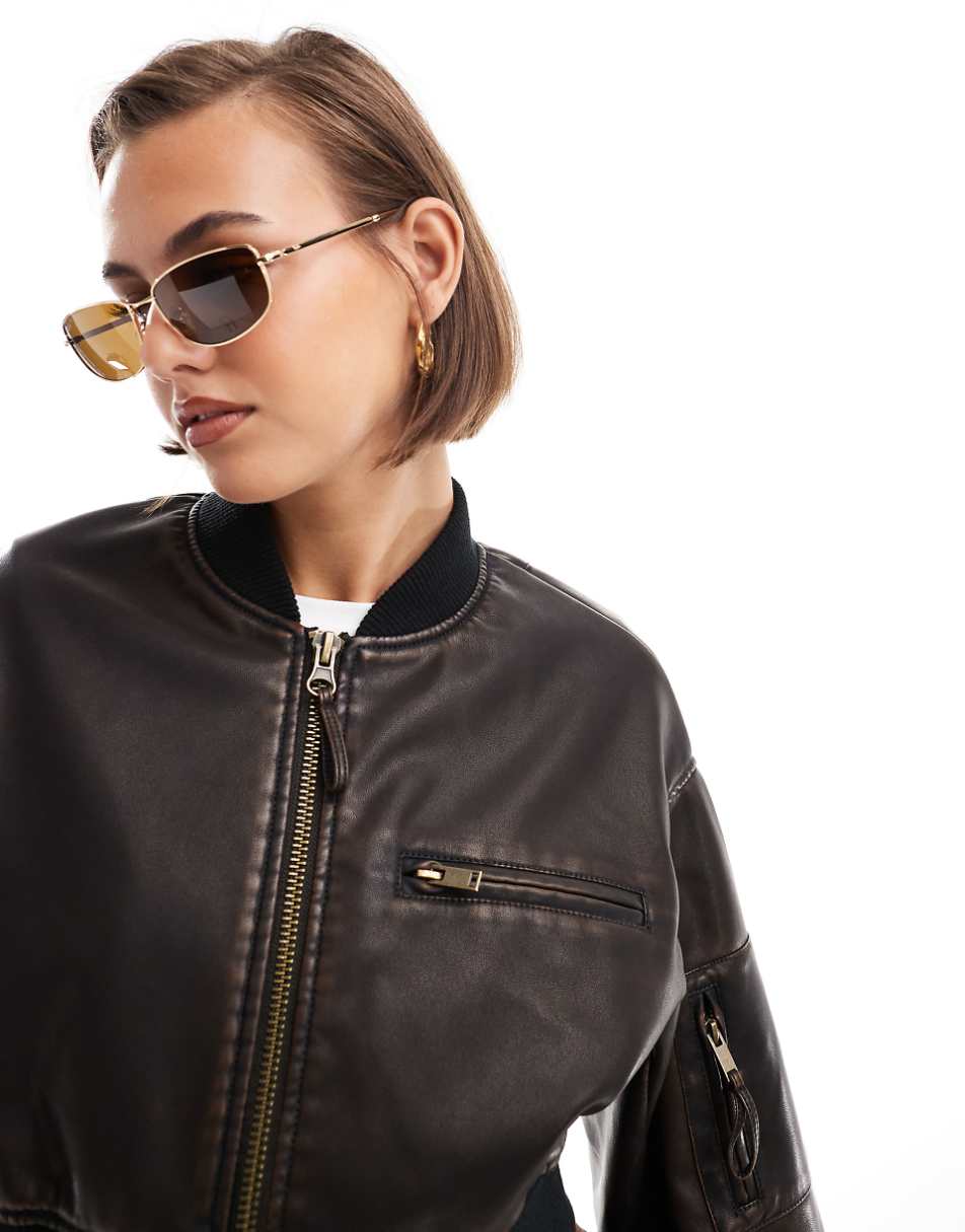 ASOS DESIGN washed cropped leather look bomber jacket in burgundy