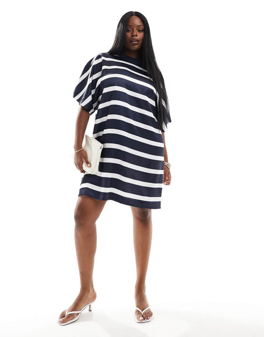 ASOS DESIGN Curve satin oversized mini tshirt dress in navy stripe