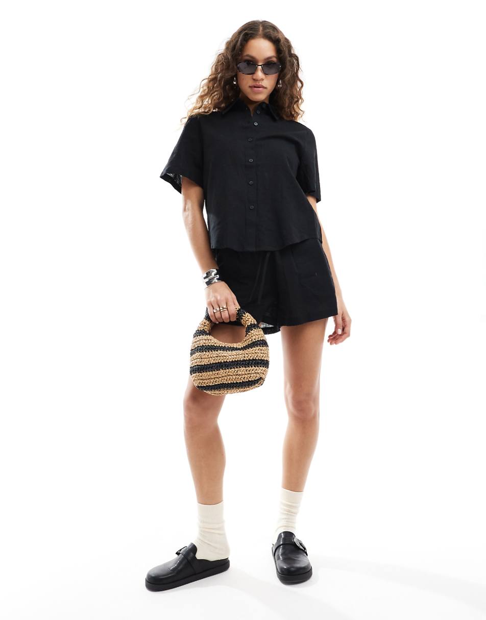 Monki short sleeve linen shirt in black - part of a set
