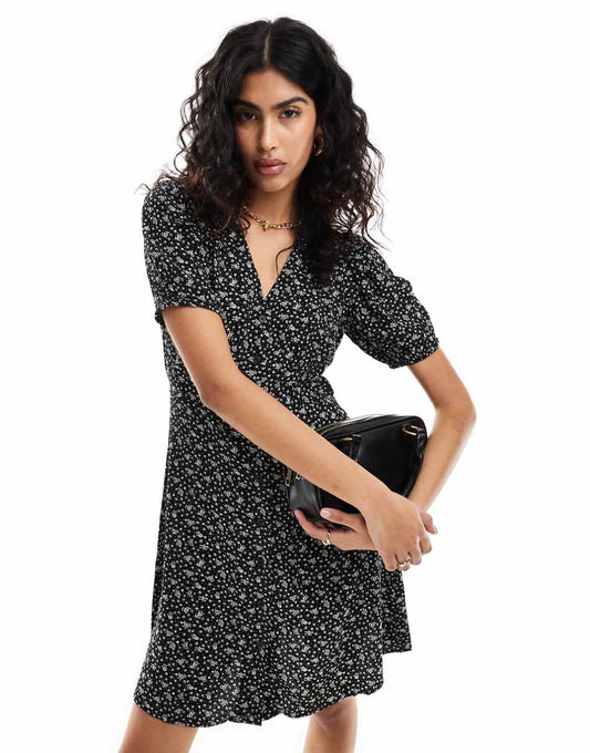 & Other Stories button up mini dress in black micro floral