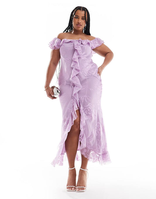 ASOS DESIGN Curve off the shoulder ruffle front bias cut maxi dress in floral jacquard in lilac