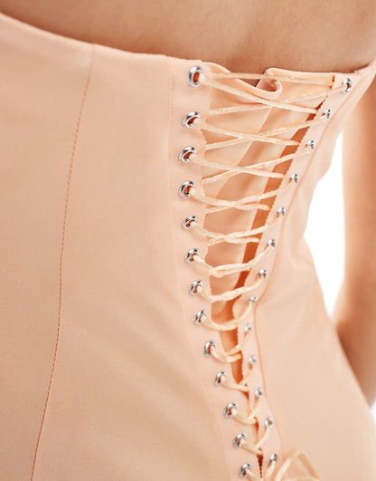 ASOS DESIGN satin bandeau midi dress with shaped neckline in peach