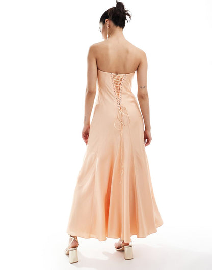 ASOS DESIGN satin bandeau midi dress with shaped neckline in peach