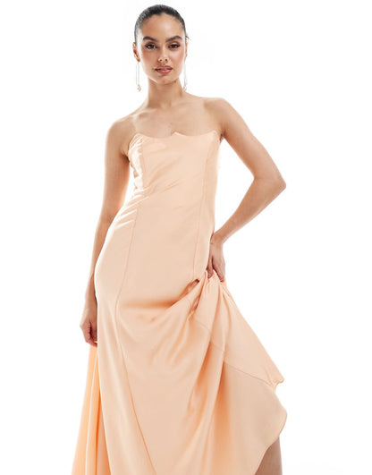 ASOS DESIGN satin bandeau midi dress with shaped neckline in peach