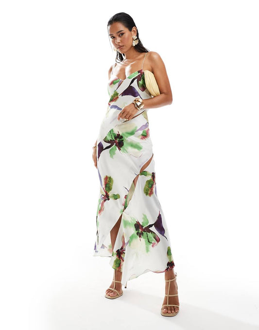 ASOS DESIGN cowl neck satin midi dress with cut outs and buckle detail in white based floral