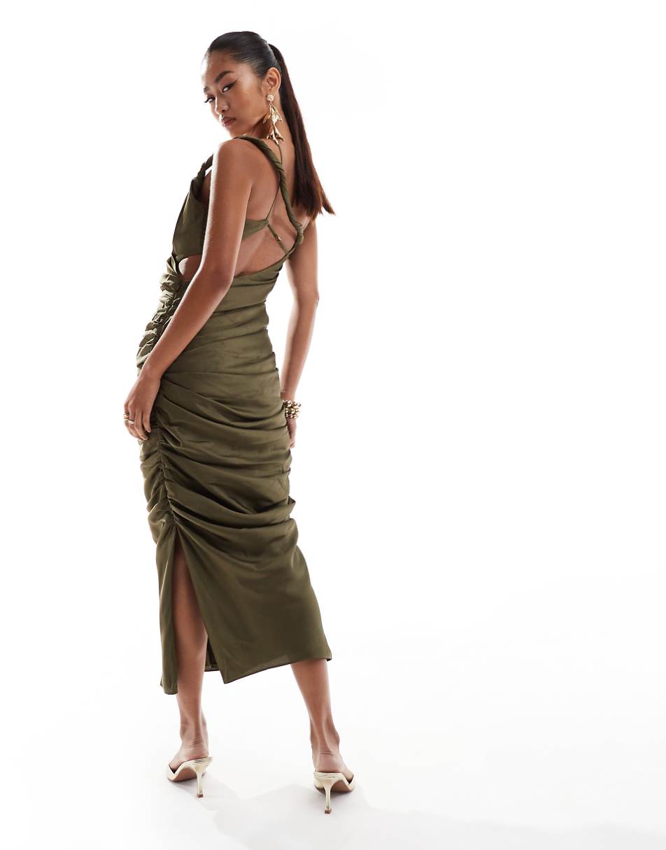 ASOS DESIGN draped twist shoulder midi dress in khaki