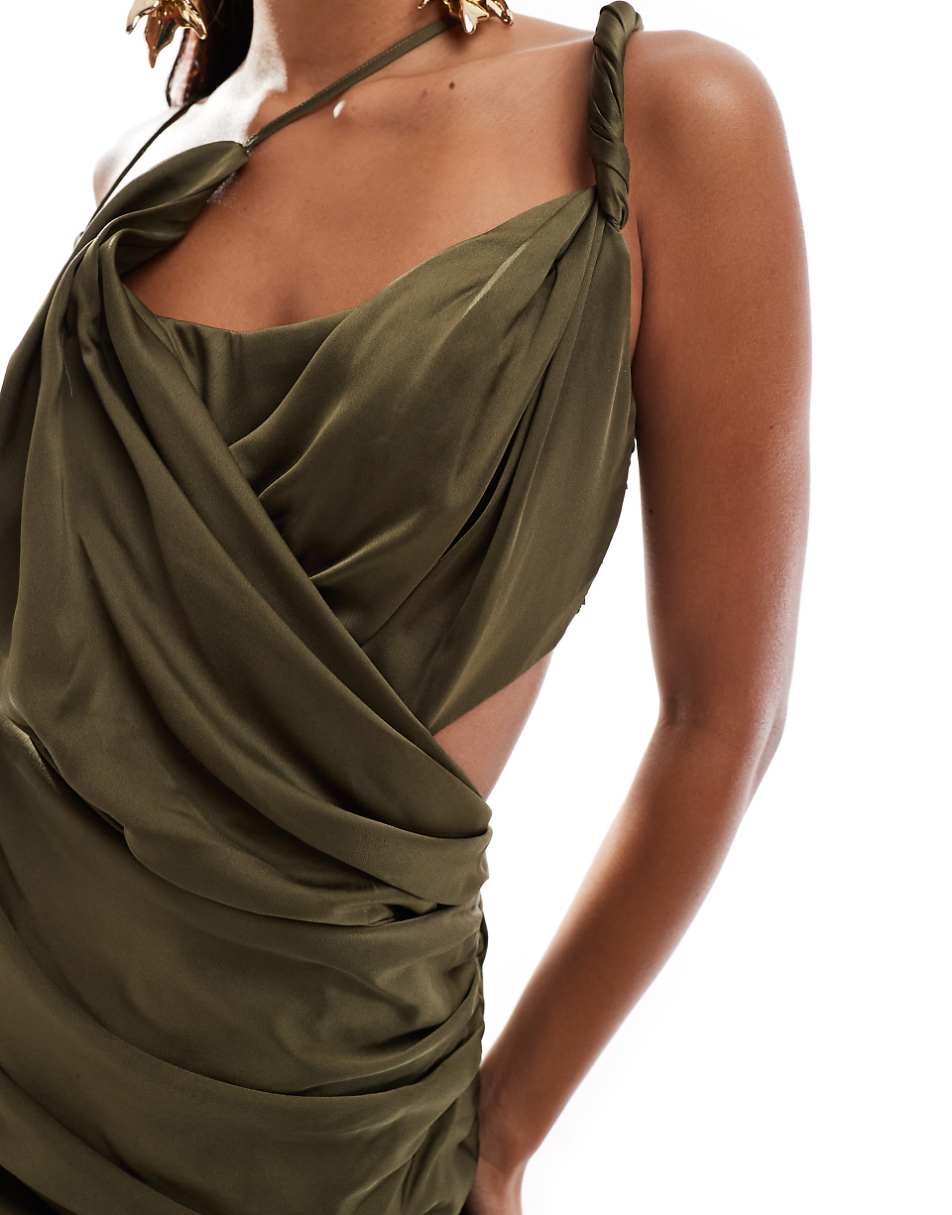 ASOS DESIGN draped twist shoulder midi dress in khaki