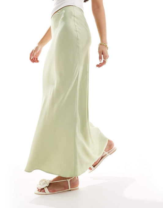 Stradivarius satin midi skirt in washed green