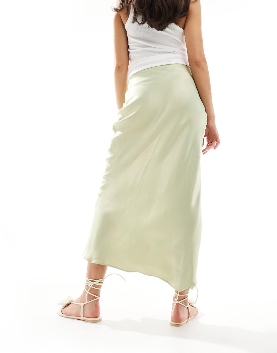 Stradivarius satin midi skirt in washed green