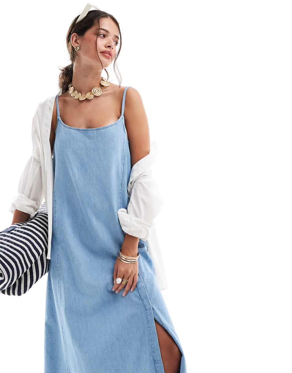 ASOS DESIGN denim maxi swing dress in mid blue