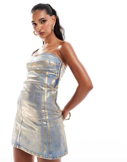 ASOS DESIGN denim bandeau mini dress in metallic gold