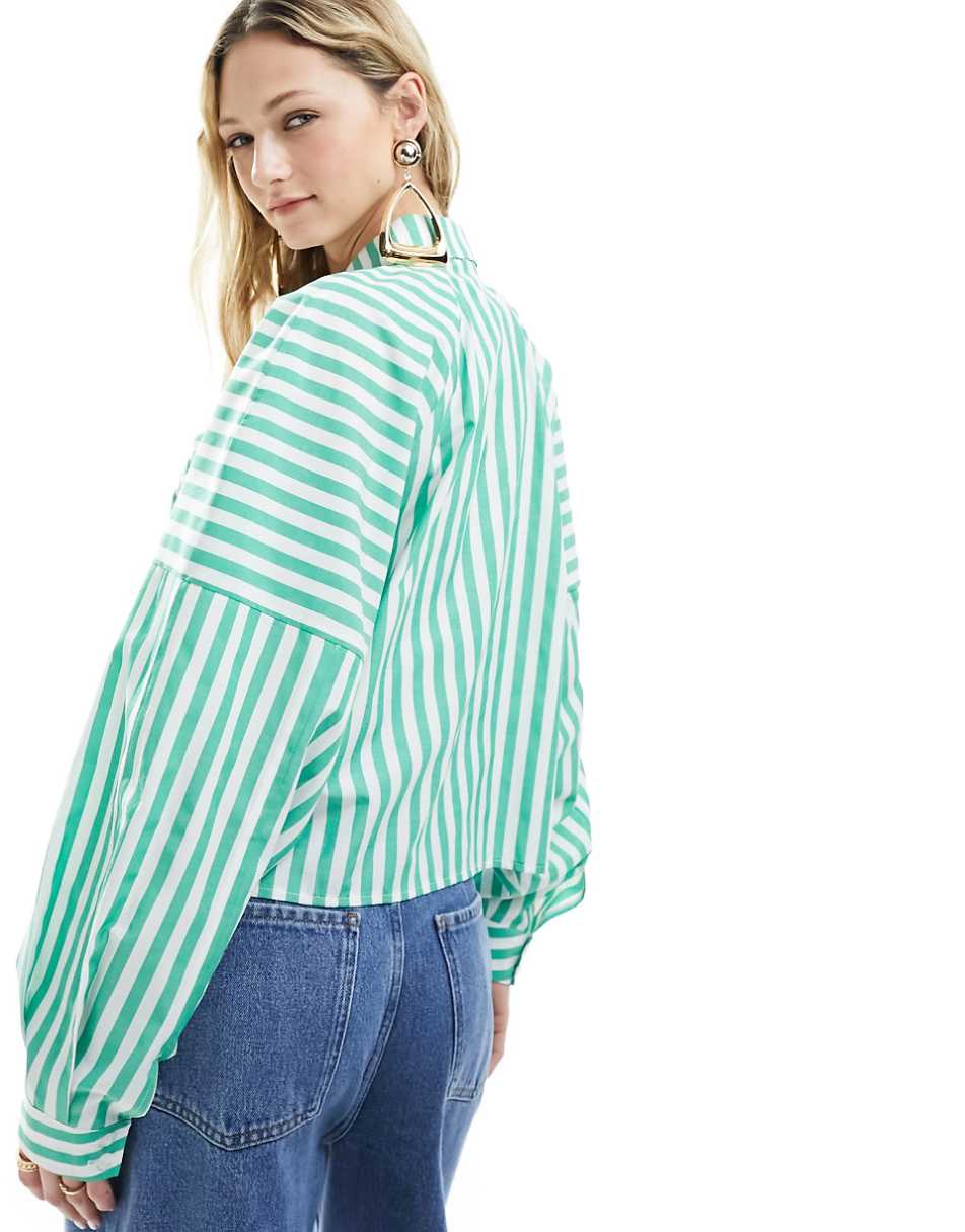 ASOS DESIGN spliced detail volume shoulder shirt in green stripe