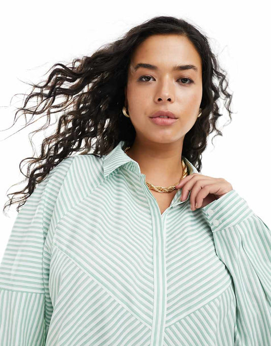 ASOS DESIGN Curve spliced detail volume shoulder shirt in green stripe