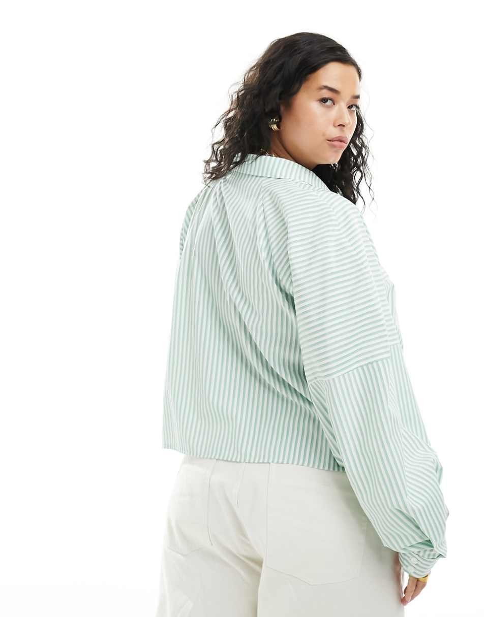 ASOS DESIGN Curve spliced detail volume shoulder shirt in green stripe