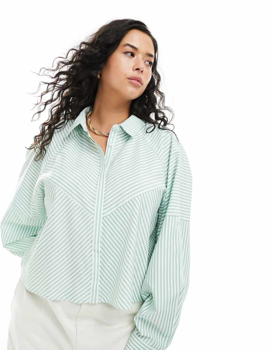 ASOS DESIGN Curve spliced detail volume shoulder shirt in green stripe