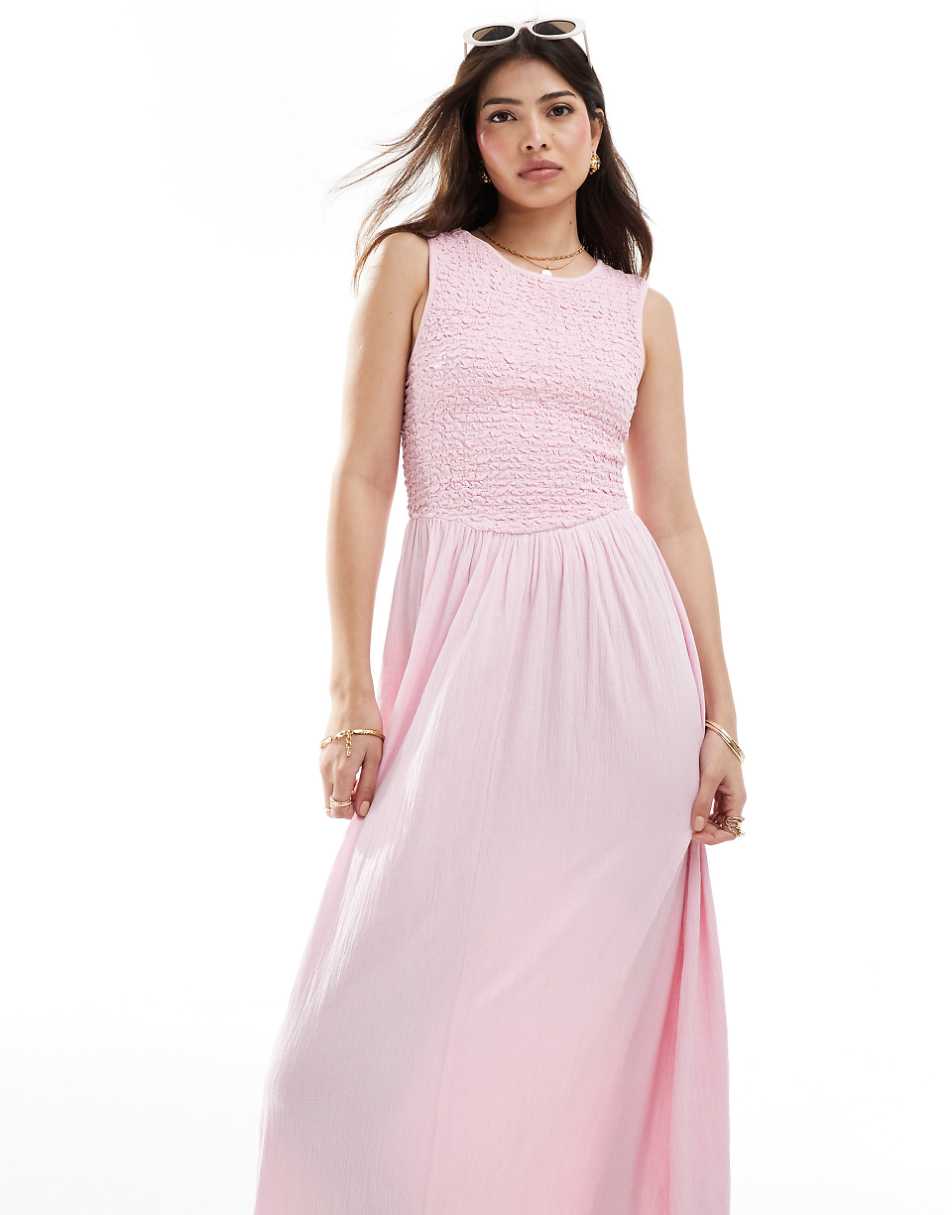 ASOS DESIGN crinkle shirred bodice maxi dress with open back in baby pink