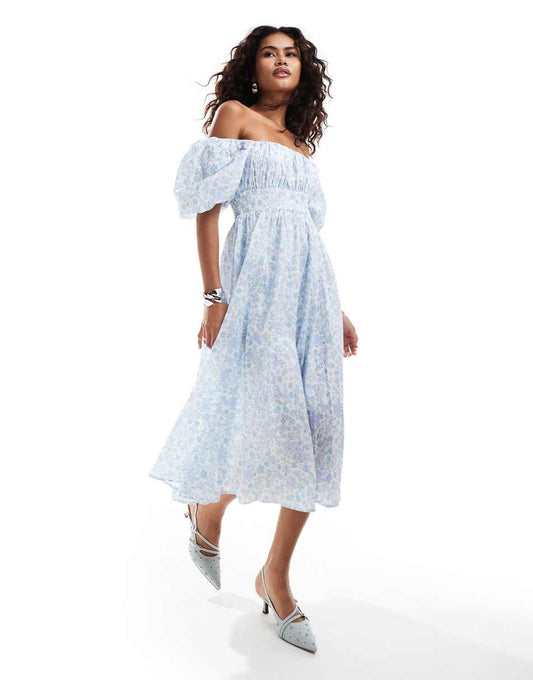 Urban Revivo soft floral puff sleeve midi dress in baby blue