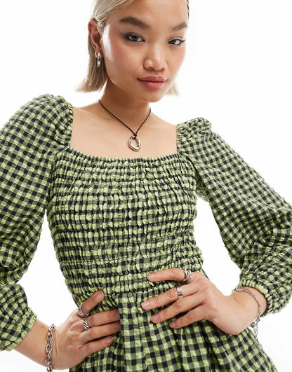 Glamorous square neck volume sleeve shirred blouse in gingham