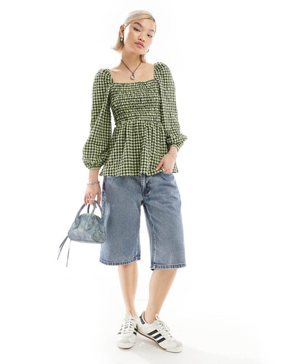 Glamorous square neck volume sleeve shirred blouse in gingham