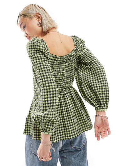 Glamorous square neck volume sleeve shirred blouse in gingham