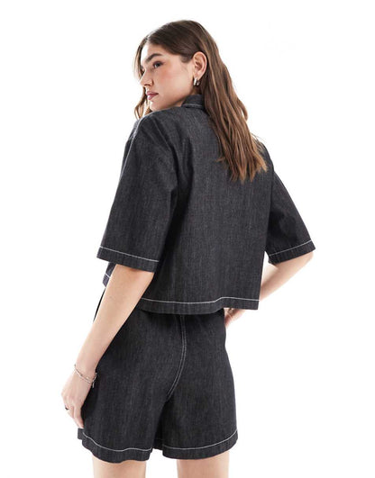 COLLUSION oversized short sleeve lightweight denim shirt with contrast stitch - part of a set