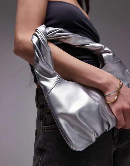 Topshop Sammie shoulder bag with pleat detail and twisted handle in silver