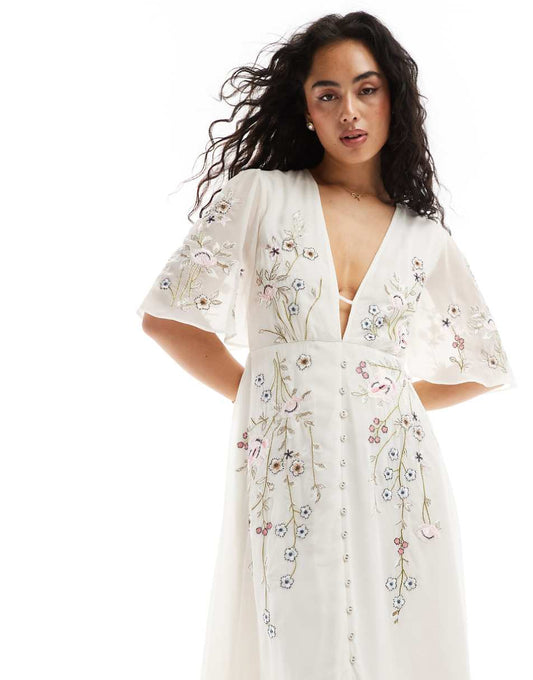 Hope & Ivy premium full skirt midi dress in cream with multicolored embroidery