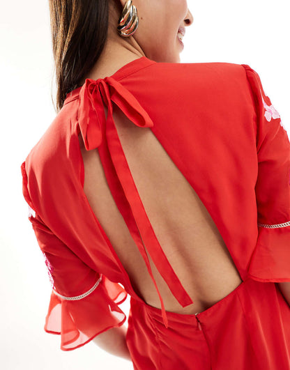 Hope & Ivy tiered midi dress with peplum in red with white embroidery