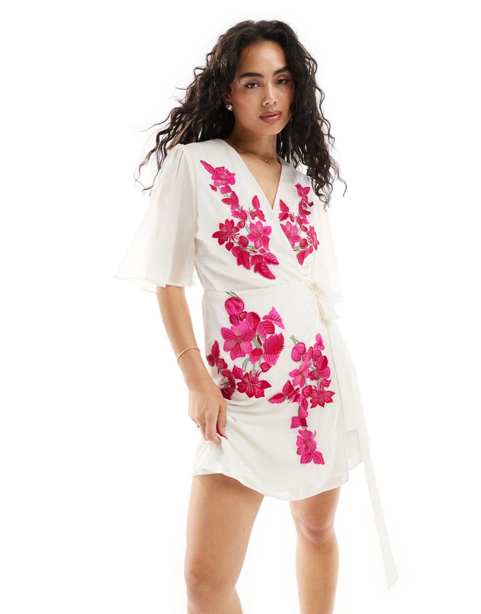 Hope & Ivy premium wrap front embroidered maxi dress in cream