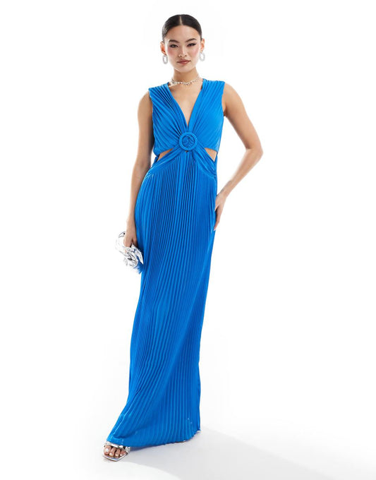 Style Cheat plisse maxi dress with cut out detail in cobalt