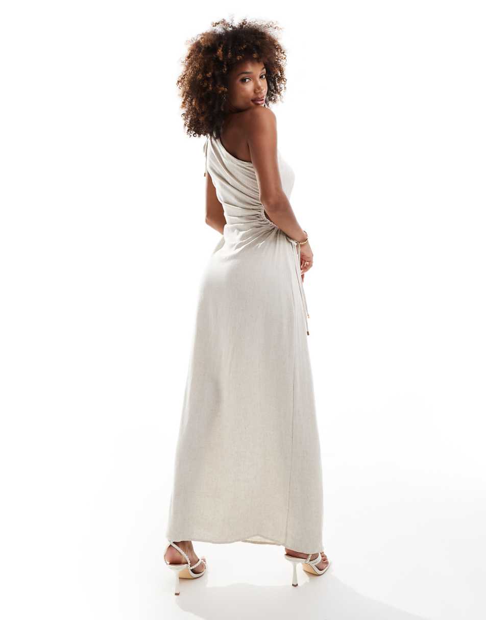 Style Cheat one shoulder linen maxi dress with cut-out in beige