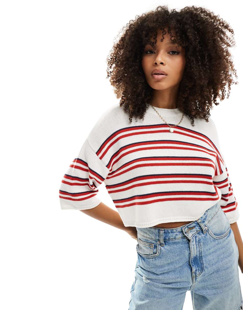 ASOS DESIGN knit short sleeve sweater in red stripe