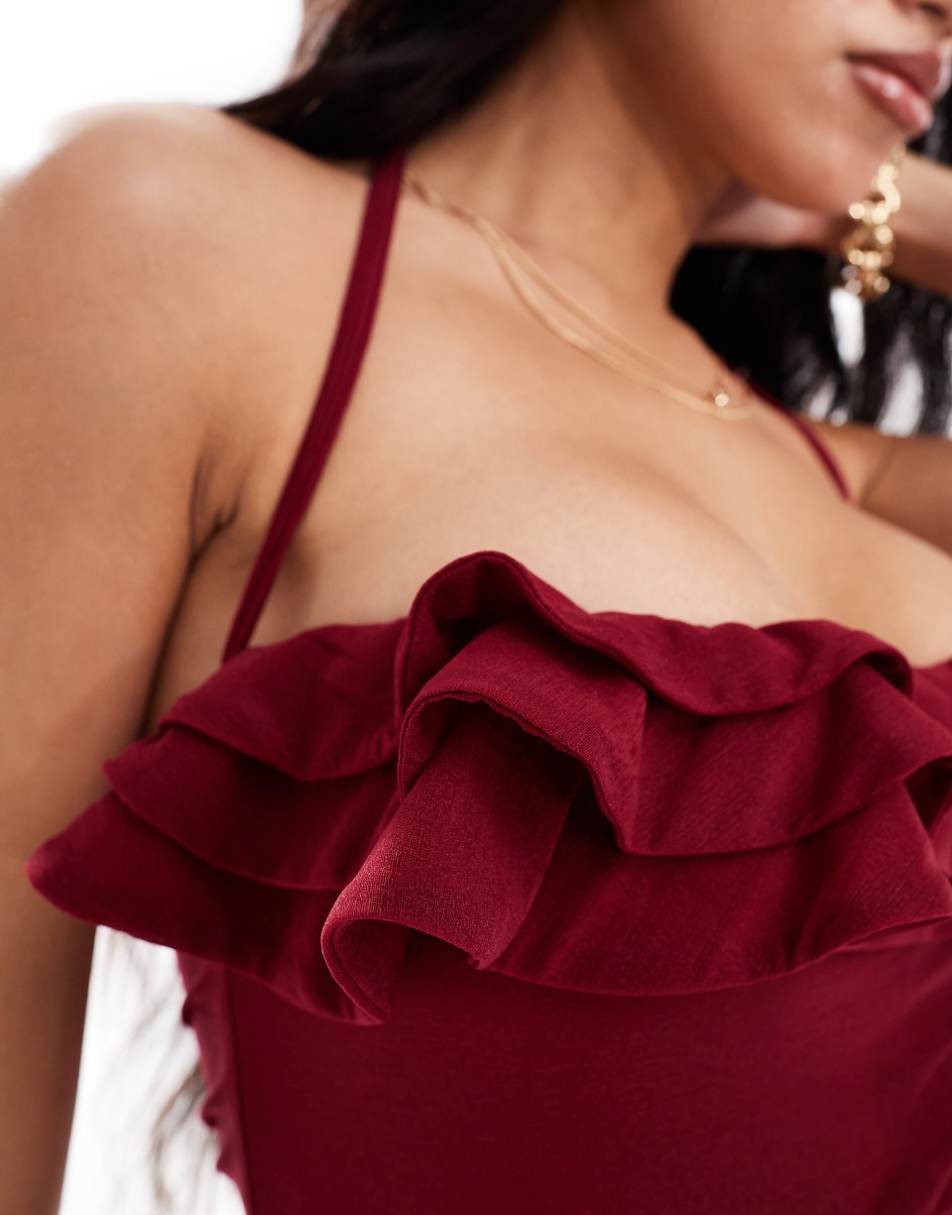 ASOS DESIGN halter neck ruffle detail maxi dress in burgundy