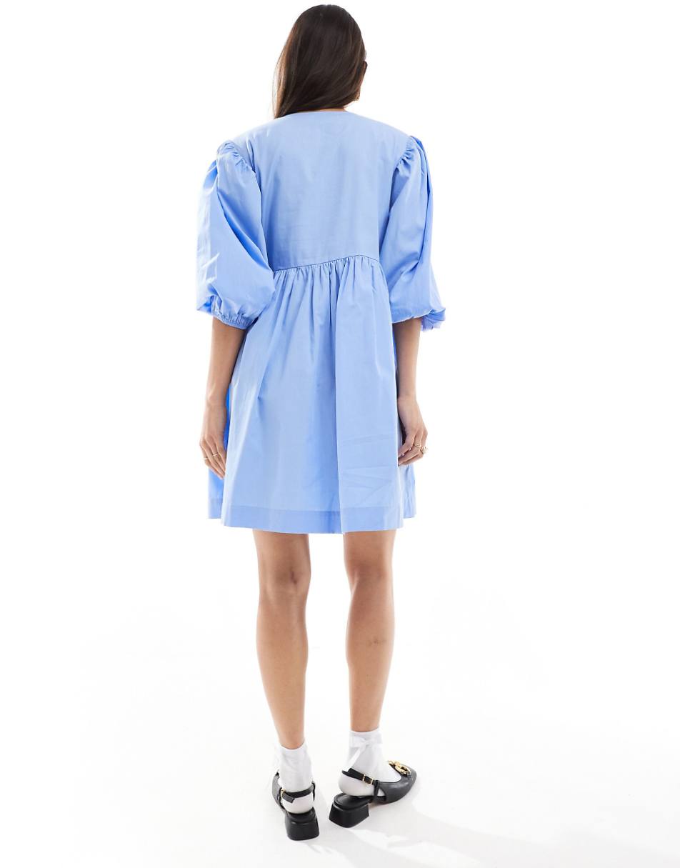 ASOS DESIGN bow tie front mini smock dress in sky blue